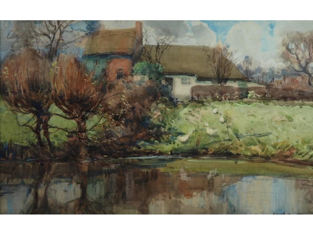 Appraisal: ARTHUR HAMMOND Exh - WatercolourA duck pond before thatched cottagesSigned