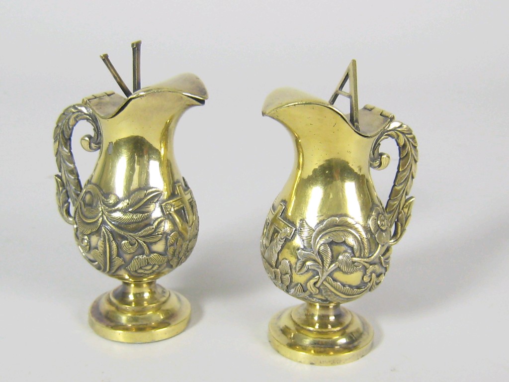 Appraisal: Pair of gilt brass small baluster Ewers with hinged covers