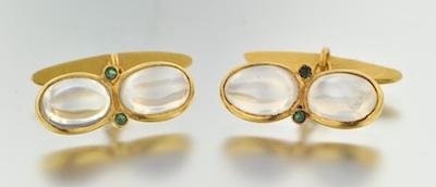 Appraisal: A Pair of Moonstone and Emerald Cufflinks Unmarked yellow gold