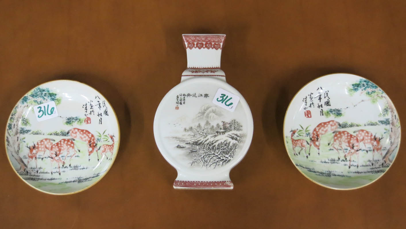 Appraisal: THREE CHINESE REPUBLIC PORCELAINS pair of plates having deer scene