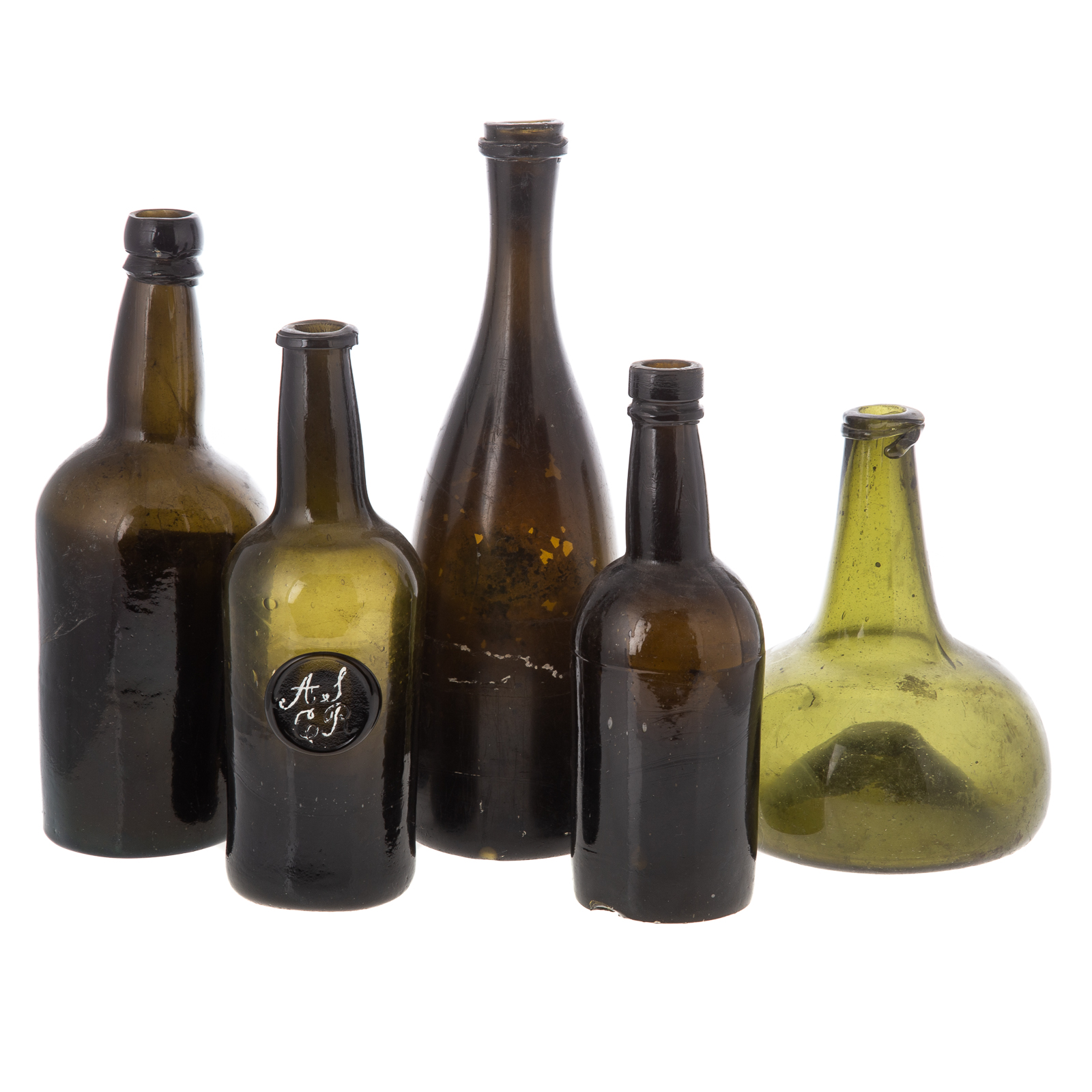 Appraisal: FIVE CONTINENTAL EARLY BLOWN GLASS BOTTLES th and th centuries