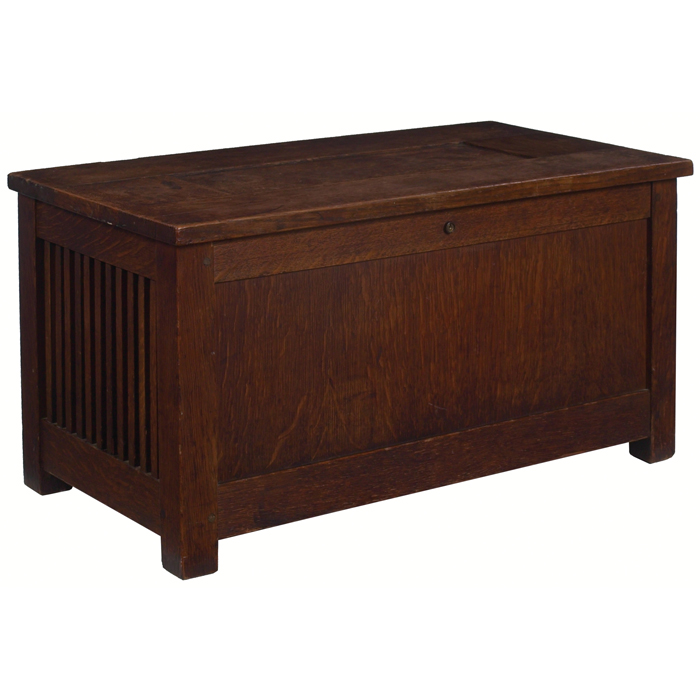 Appraisal: Gustav Stickley shirtwaist box spindle form with paneled lift top