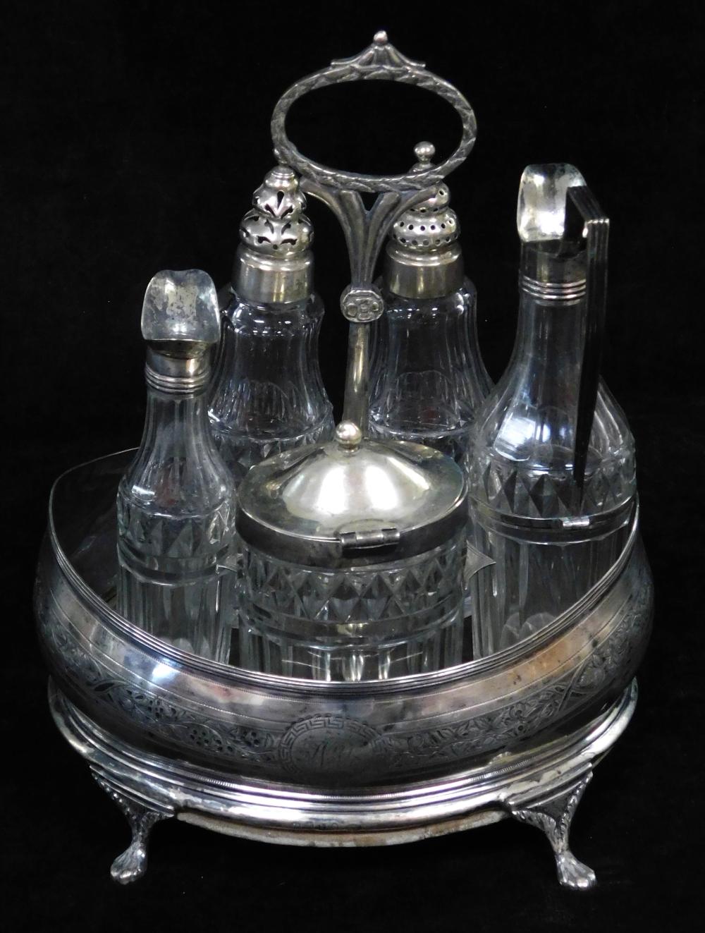 Appraisal: STERLING George III sterling and cut glass condiment set on