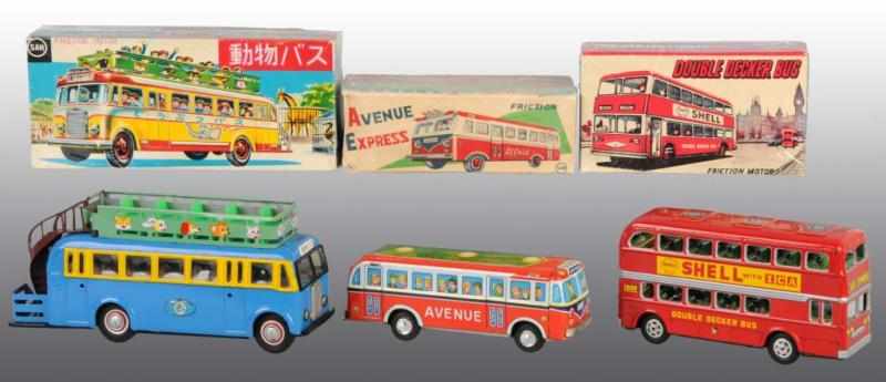 Appraisal: Lot of Tin Bus Friction Toys Description Japanese Working Includes