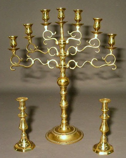 Appraisal: Brass menorah thc h x w and two Victorian brass