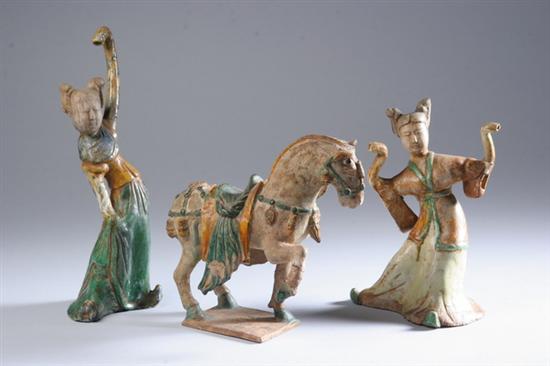 Appraisal: CHINESE SANCAI POTTERY FIGURE OF HORSE AND TWO FEMALE DANCERS