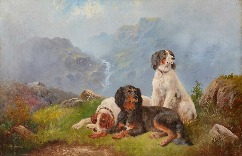 Appraisal: WILLIAM PERRING HOLLYER BRITISH - GUNDOGS ON A ROCKY HILLSIDE