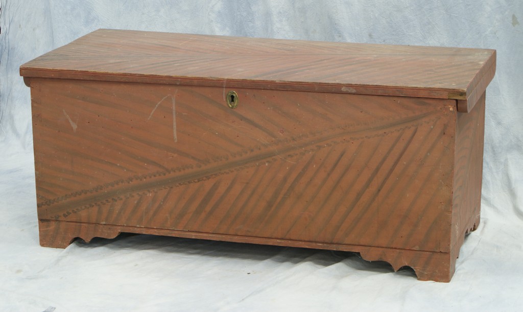 Appraisal: Red and black paint decorated dovetailed poplar blanket chest battened