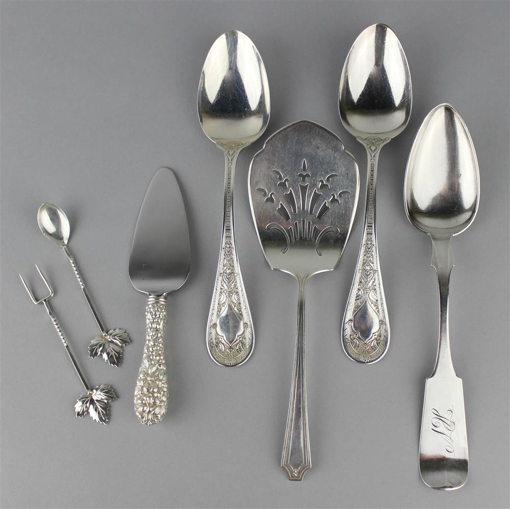 Appraisal: SIX UNMATCHED SILVER SERVING PIECES AND A COIN SPOON including