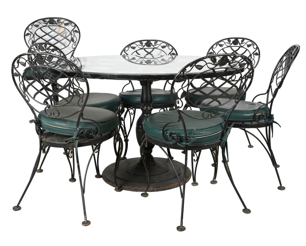 Appraisal: IRON PATIO DINING SUITEcomprising a dining table inches diameter inches