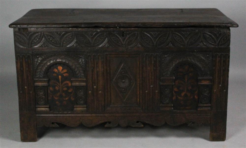 Appraisal: JACOBEAN CHARLES II STYLE CARVED OAK COFFER composed of some