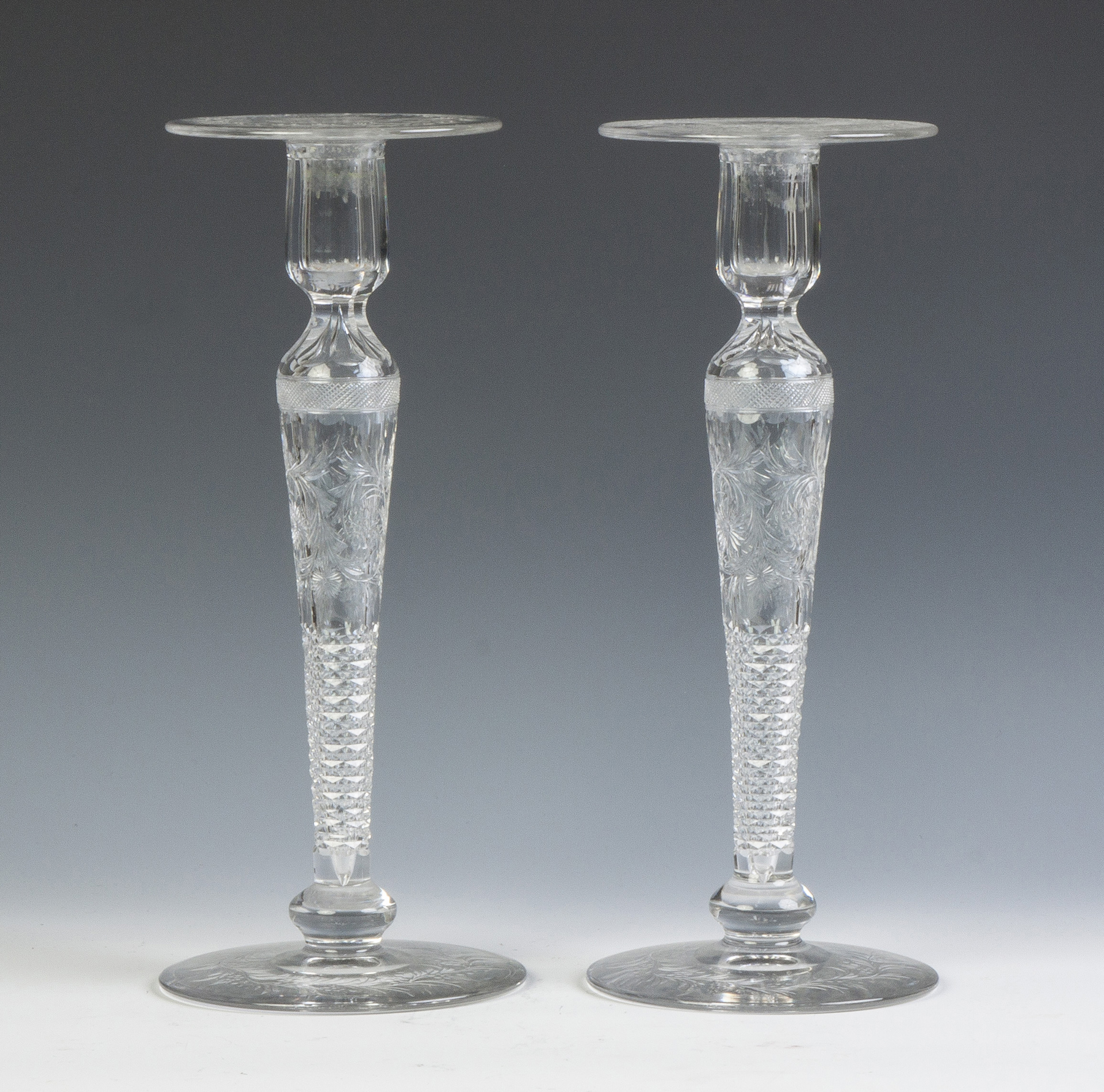 Appraisal: Pair of Hawkes Cut Glass Engraved Candlesticks C Sgn Floral