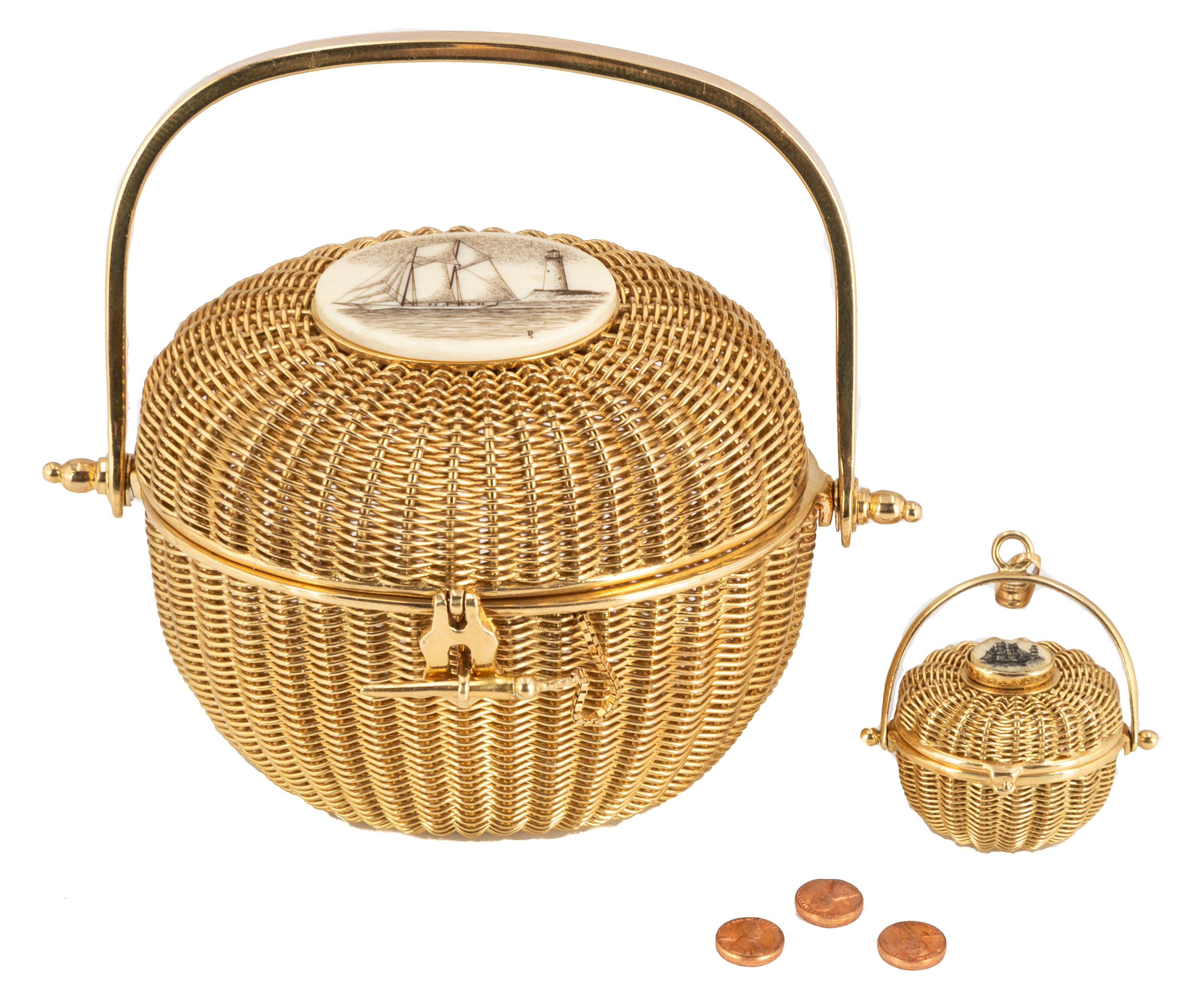 Appraisal: K GOLD NANTUCKET BASKETS WITH MINIATURE PENNIES Both baskets marked