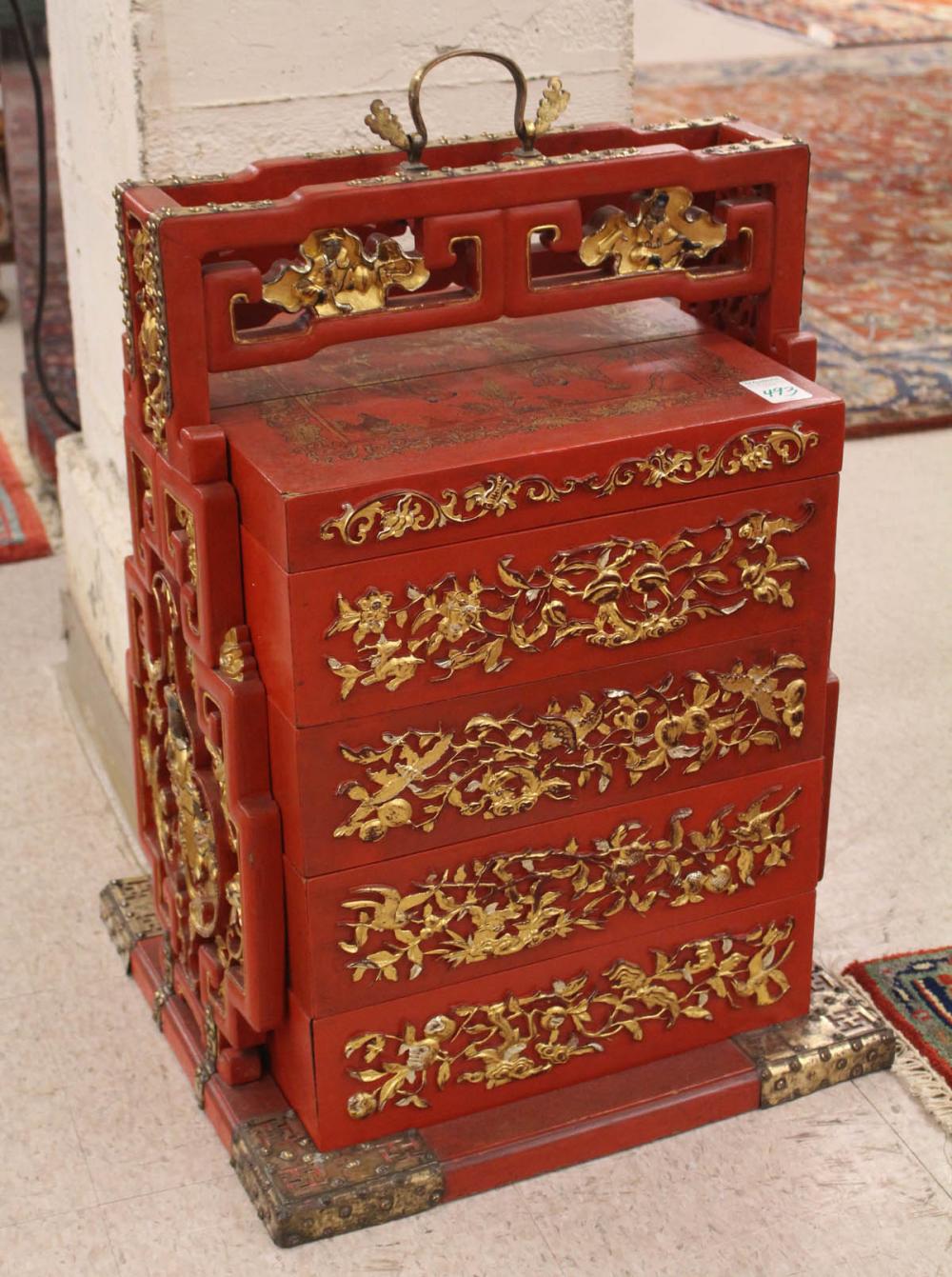 Appraisal: CHINESE PARCEL-GILT RED LACQUER WEDDING CHEST with four rectangular boxes