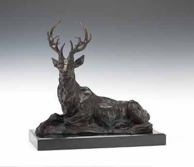 Appraisal: After Barye Seated Stag Stag Cast bronze with dark brown