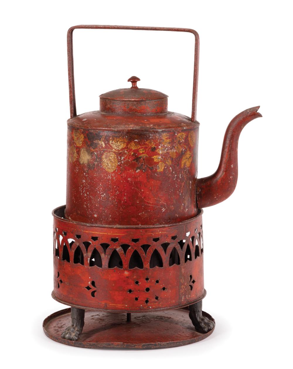 Appraisal: French or English Tole Peinte Kettle-on-Stand early th c red