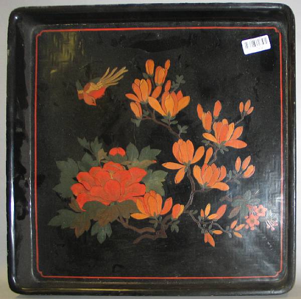 Appraisal: A polychrome lacquered square tray with lacquer over woven mat