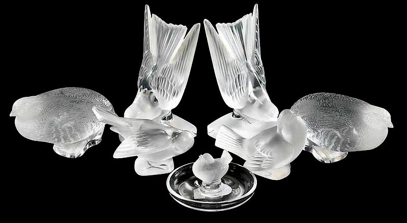 Appraisal: Seven Lalique Glass Bird Motif Items pair bookends ashtray four