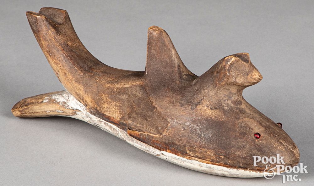 Appraisal: Carved killer whale and wolf ceremonial rattle Northwest Coast Makah