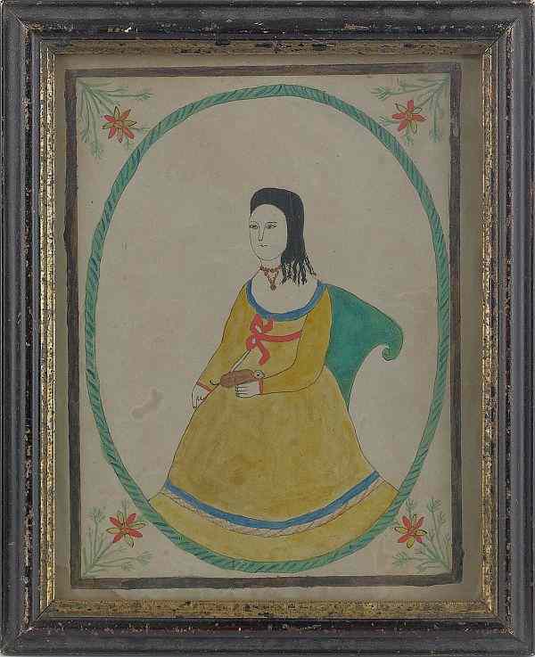 Appraisal: Pennsylvania folk art watercolor mid th c of a woman