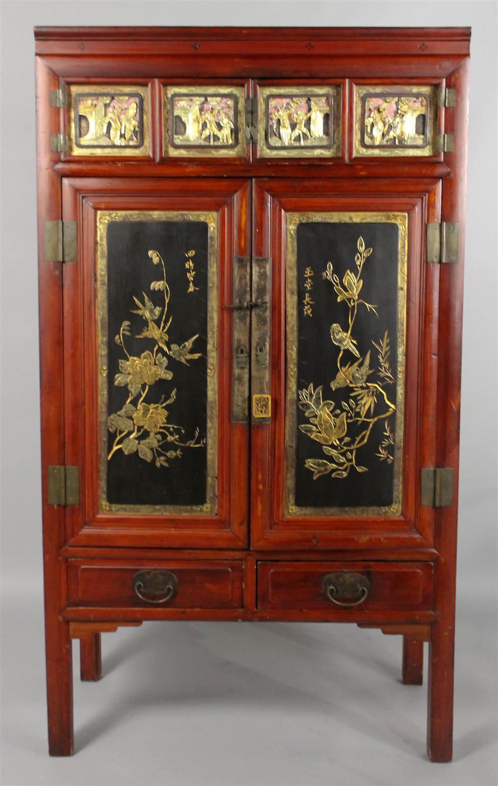 Appraisal: GILT AND POLYCHROME DECORATED ASIAN CABINET WITH BIRD AND FOLIAGE