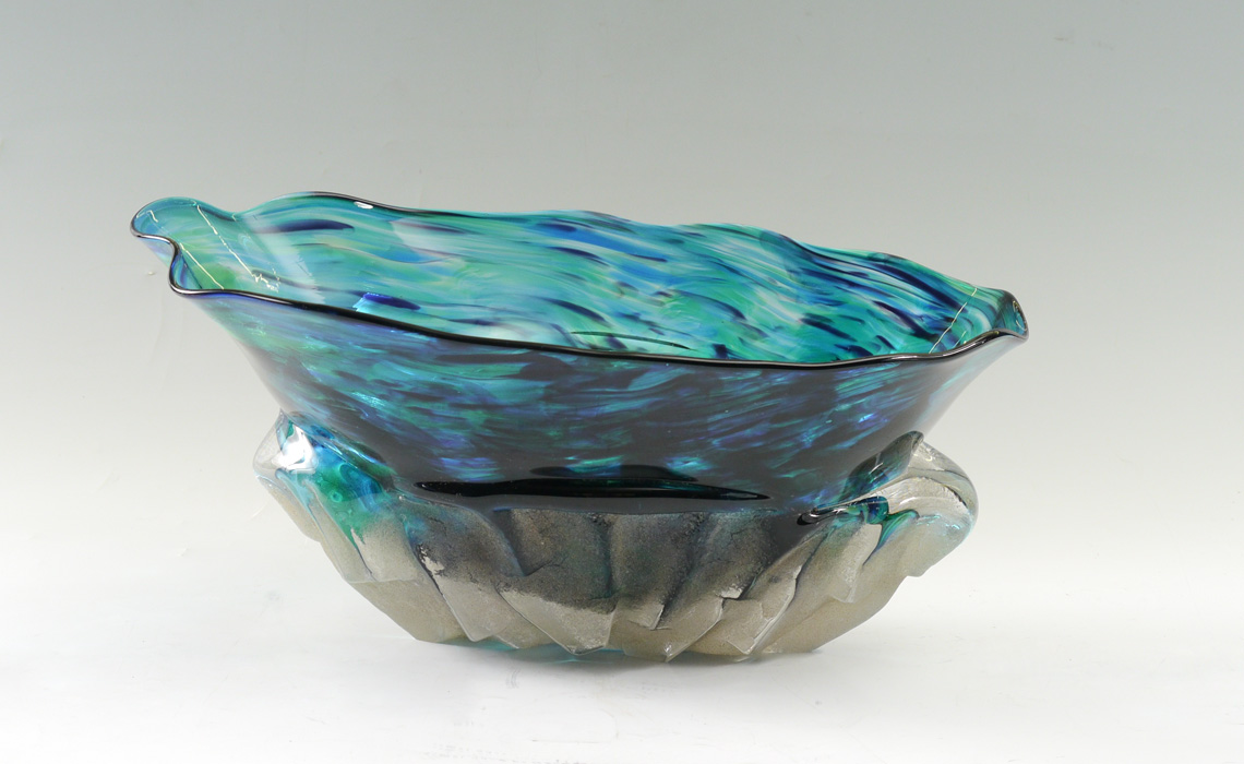 Appraisal: LARGE ART GLASS CENTER BOWL Mottled blue and green body