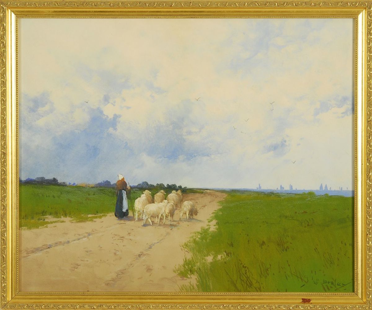 Appraisal: CLARENCE BRALEYAmerican - Shepherdess and sheep on a country road