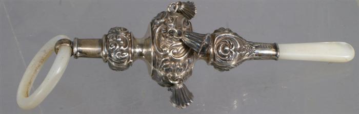 Appraisal: English sterling silver baby rattle with MOP handle and ring