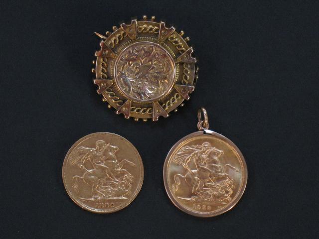 Appraisal: TWO GOLD SOVEREIGNS and one mounted together with a ct