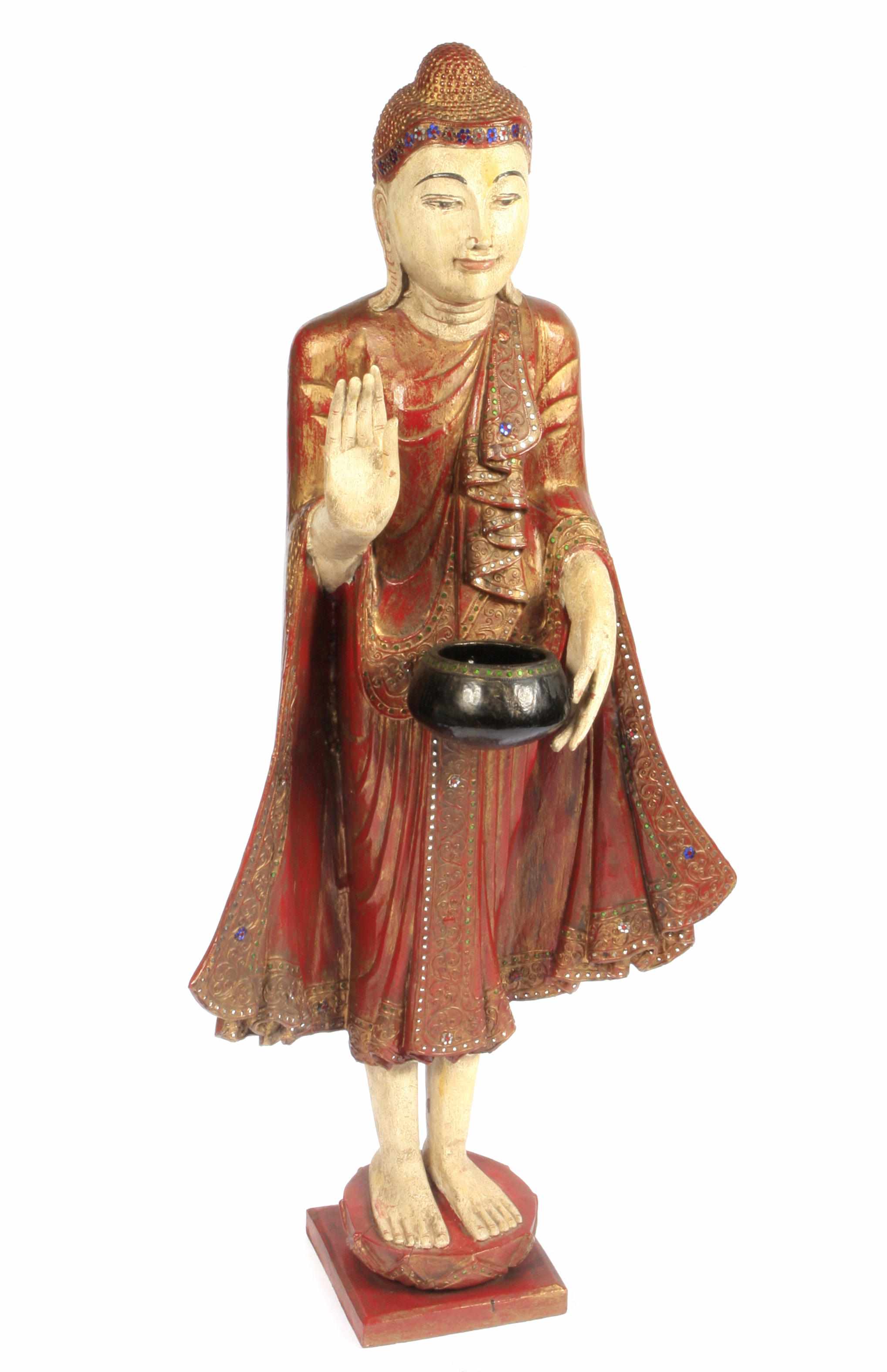 Appraisal: A lacquered and mirror inlaid wood standing figure of Buddha