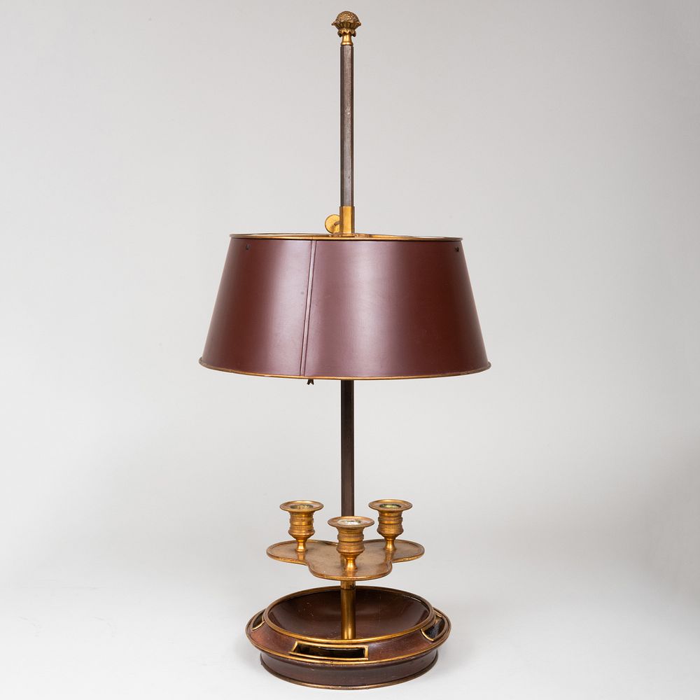 Appraisal: French Brass and Mahogany Bouillotte Lamp and Shade x in