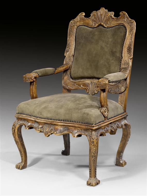 Appraisal: ARMCHAIR Baroque Mainfranken circa Richly carved walnut Gray green suede