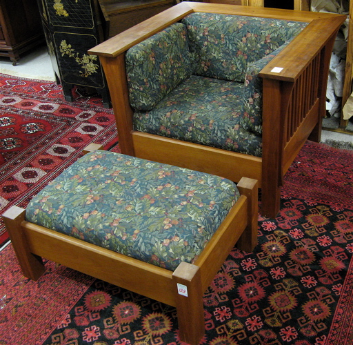 Appraisal: ARTS CRAFTS STYLE CHERRY WOOD ARMCHAIR AND OTTOMAN The square