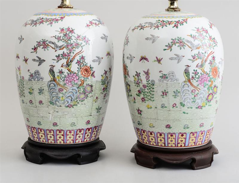 Appraisal: PAIR OF FAMILLE ROSE PORCELAIN OVOID JAR AND COVERS MOUNTED