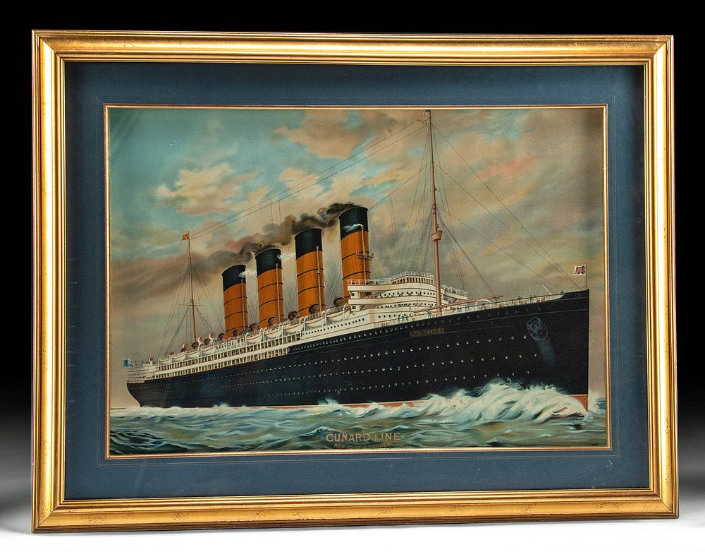 Appraisal: Framed Antique Lithograph on Tin - RMS Mauretania Anonymous American