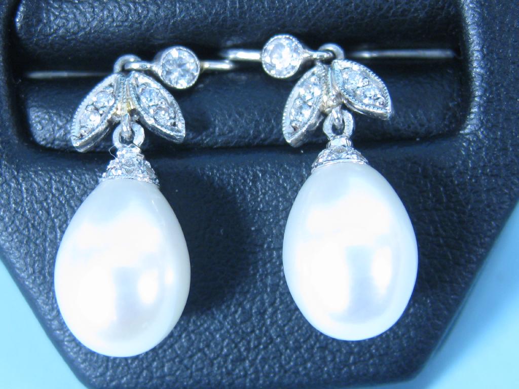 Appraisal: A pair of Pearl and Diamond Ear Pendants each with