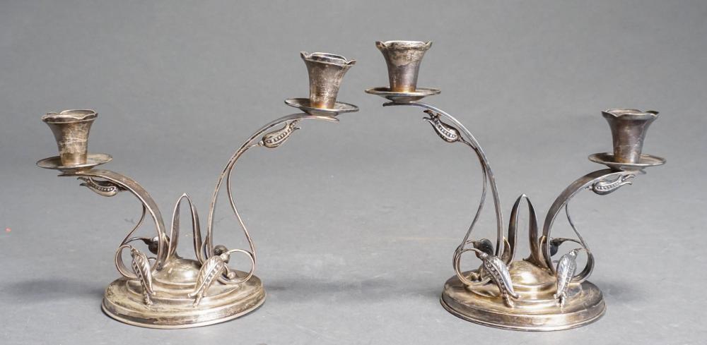 Appraisal: PAIR ART NOUVEAU WEIGHTED STERLING TWO-LIGHT PRESENTATION CANDELABRA H IN