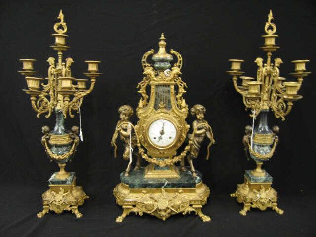 Appraisal: Pc Bronzed Marble Clock Set roosters cherubs figures Italian each