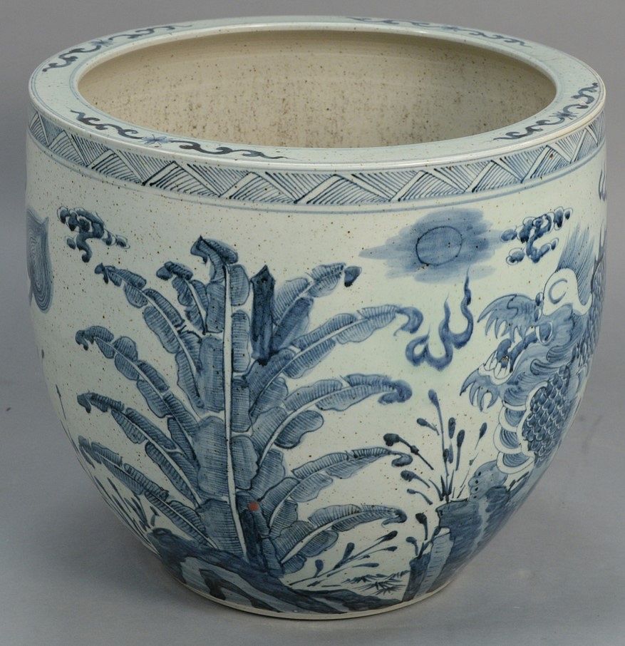 Appraisal: Large Chinese porcelain blue and white fishbowl planter ht dia