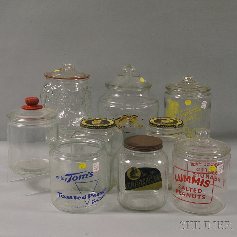 Appraisal: Eight Assorted Glass PEANUTS Countertop Jars five Squirrel Brand labeled