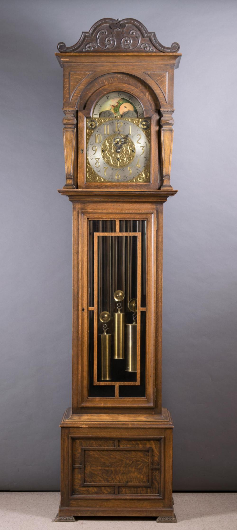 Appraisal: ENGLISH OAK TALL CASE FLOOR CLOCK J J Elliott Ltd