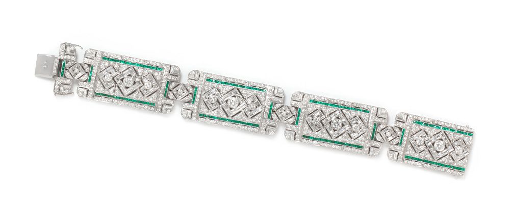 Appraisal: DIAMOND AND EMERALD BRACELET DIAMOND AND EMERALD BRACELET Containing round