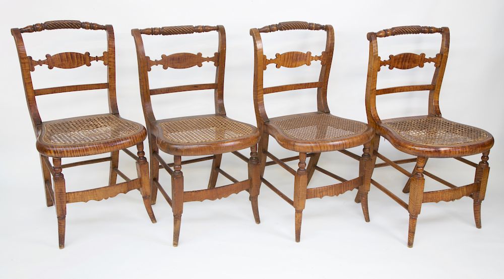 Appraisal: Set of Four New York Strong Tiger Maple Caned Seat