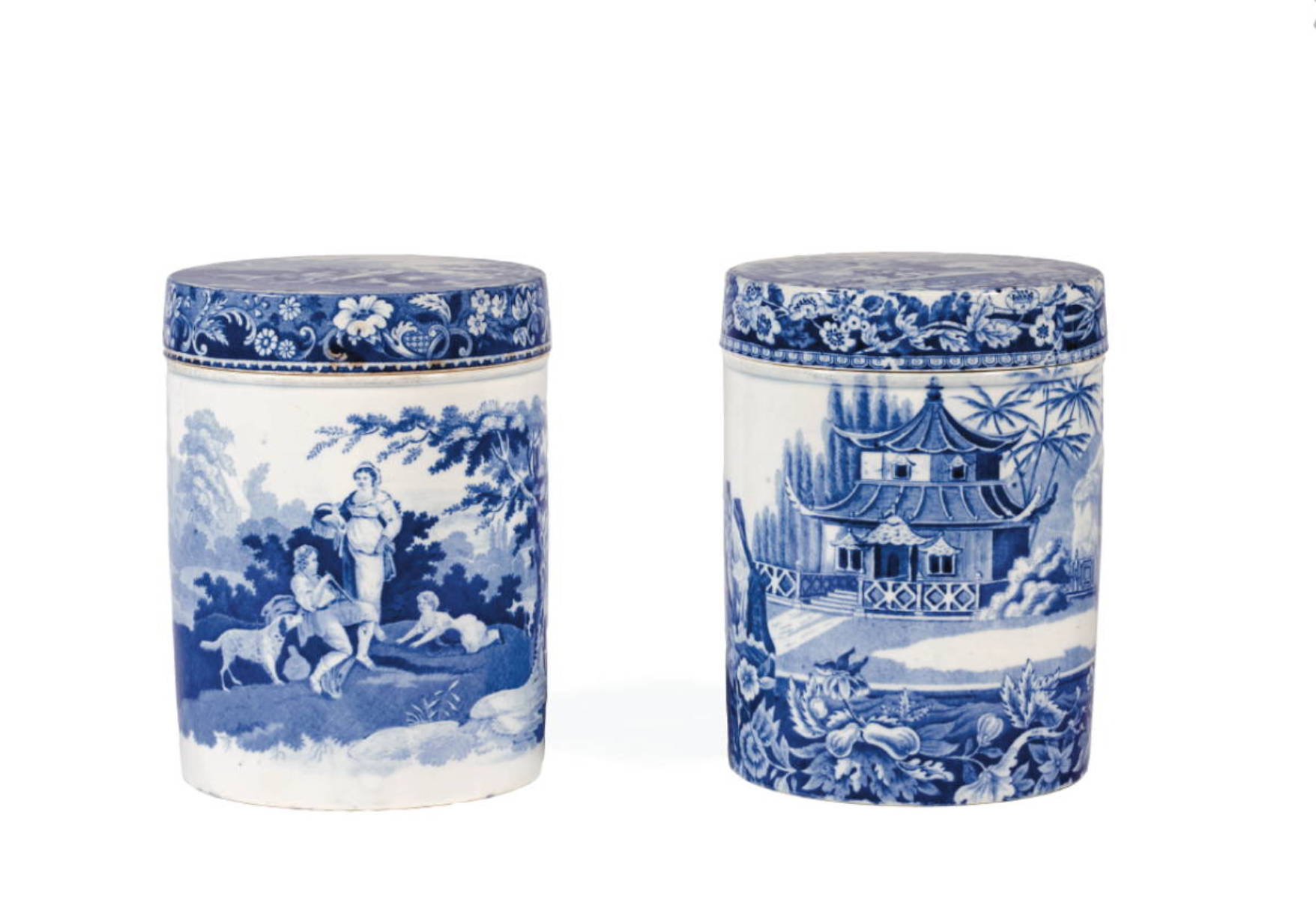 Appraisal: TWO STAFFORDSHIRE PEARLWARE BLUE TRANSFER-PRINTED CYLINDRICAL JARS AND COVERS CIRCA