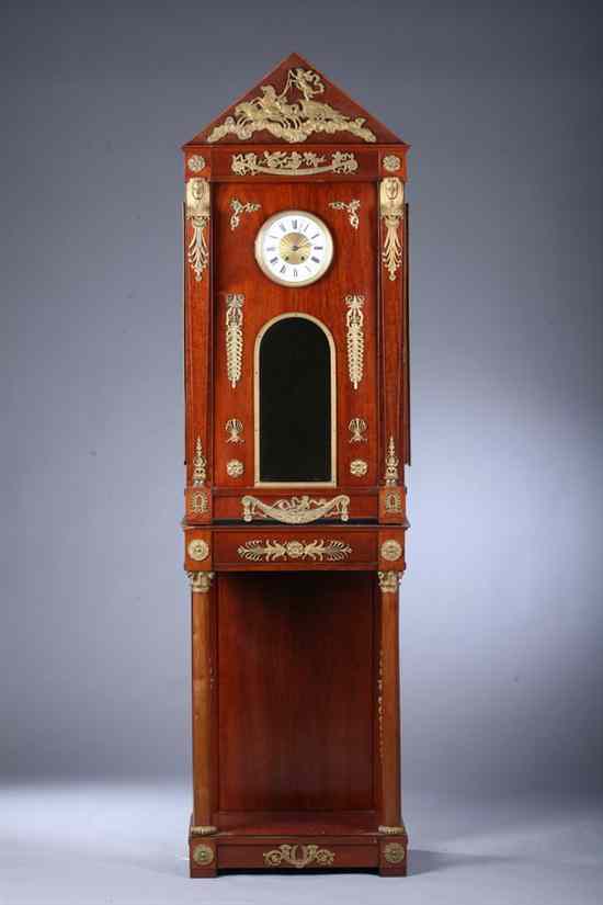 Appraisal: EMPIRE STYLE GILT-METAL MOUNTED MAHOGANY LONGCASE CLOCK Paris circa Original