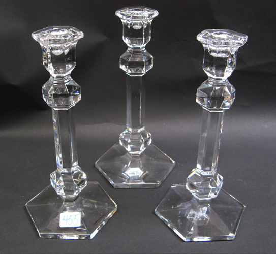 Appraisal: THREE VAN ST LAMBERT CRYSTAL CANDLESTICKS matching set clear crystal