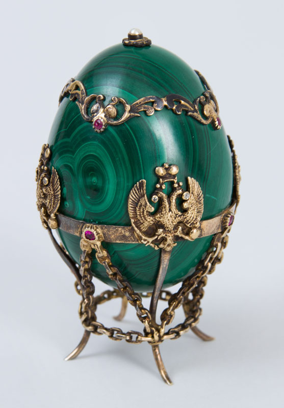 Appraisal: RUSSIAN SILVER-GILT-MOUNTED MALACHITE EGG IN THE MANNER OF FABERG Bearing