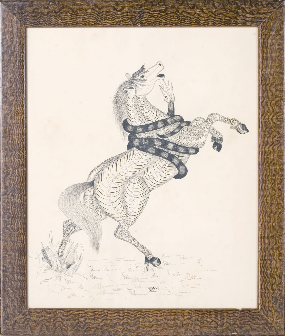 Appraisal: AMERICAN CALLIGRAPHIC DRAWING OF A REARING HORSE WITH SNAKE Executed