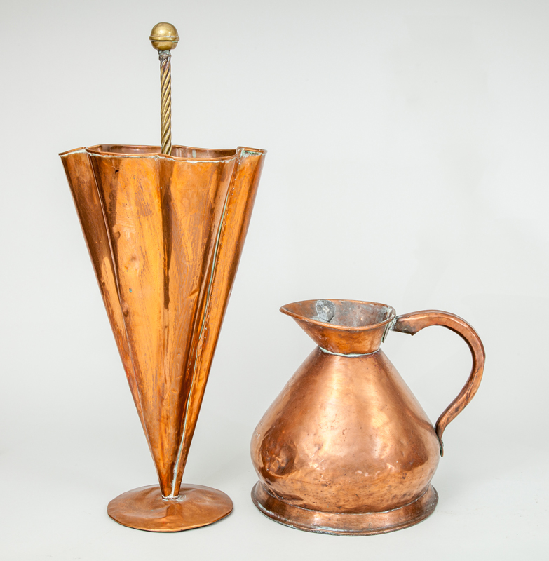 Appraisal: COPPER UMBRELLA-FORM HOLDER AND A COPPER PITCHER The holder with