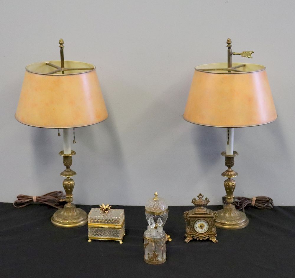 Appraisal: Pr Of antique Bronze Lamps With Tole Shades Together with